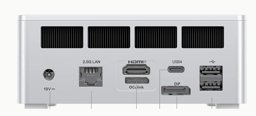 The back of Inplant Mini: a 19 volt power inlet and a 2.5 gigabit Ethernet socket, which are the only two connections it needs, alongside HDMI, DisplayPort, USB4 and USB-A