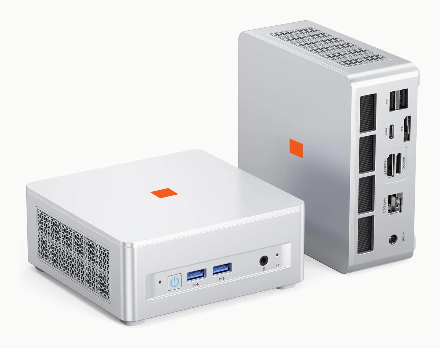 Inplant Mini: a compact silver appliance photographed front and back, with two USB ports and a power button on the front and its network, display and USB ports on the rear