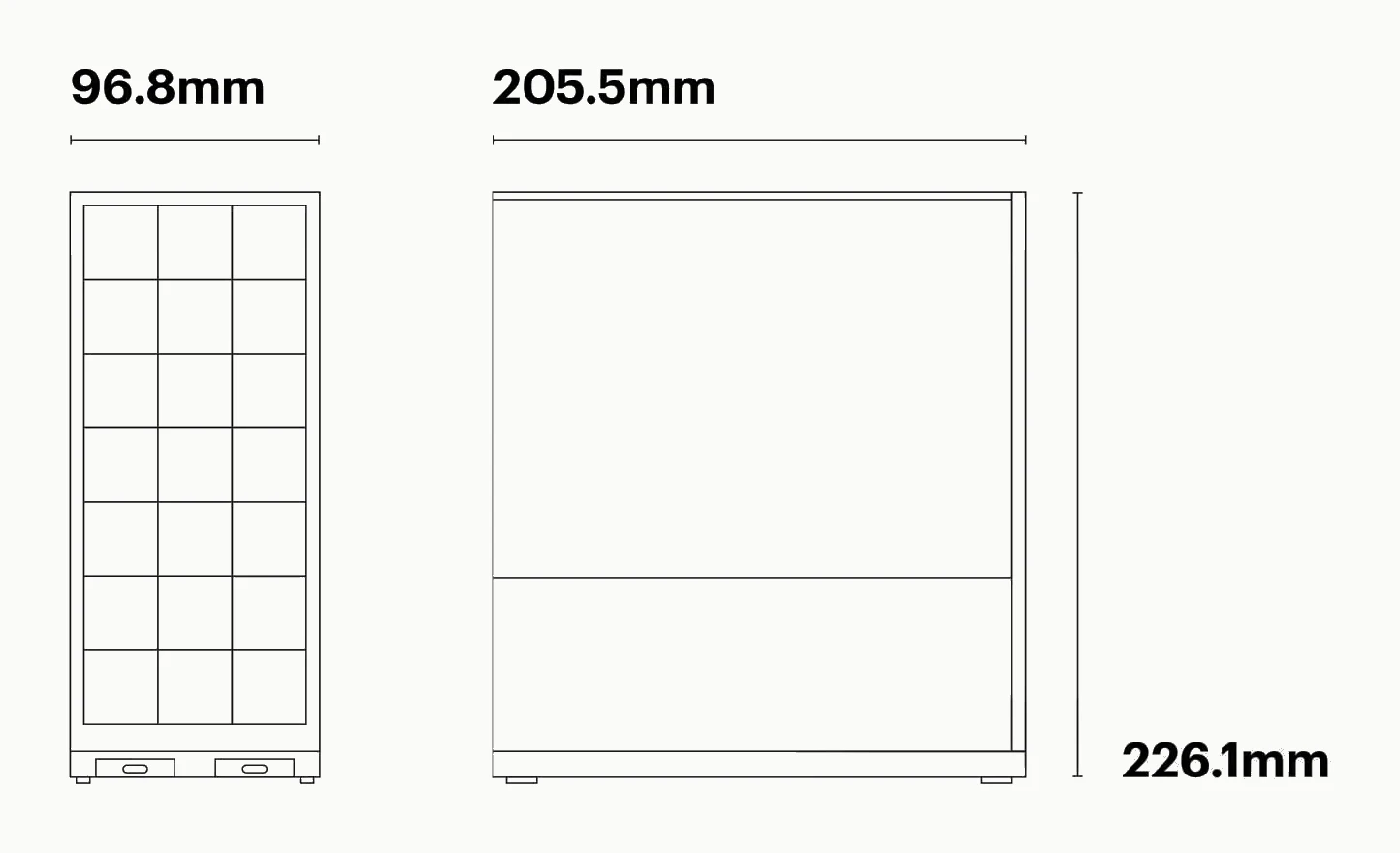 Scale drawings of the appliance: 96.8 mm wide seen from the front, 205.5 mm deep and
               226.1 mm tall seen from the side
