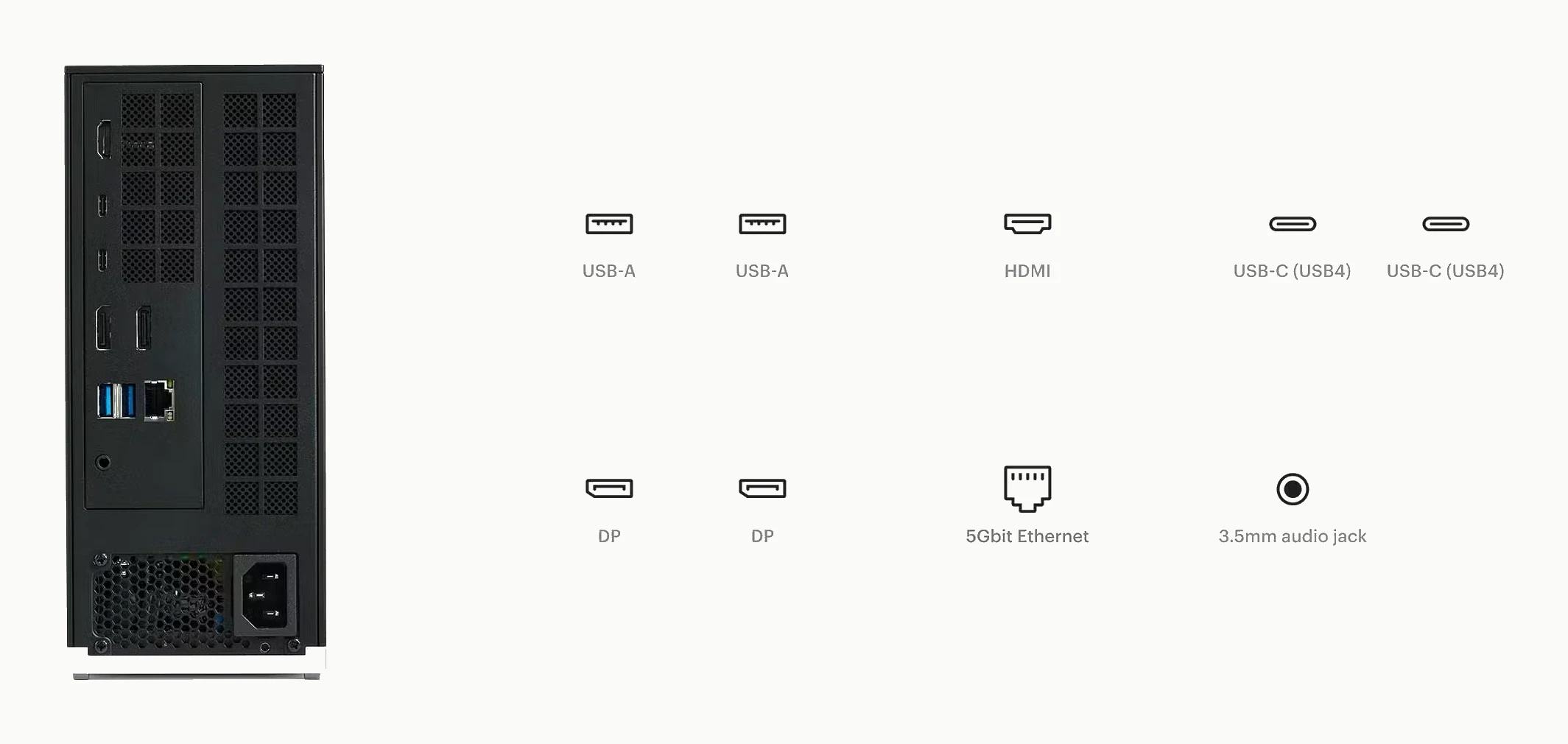 The back of the appliance and its ports: two USB-A, HDMI, two USB-C carrying USB4, two
               DisplayPort, 5 gigabit Ethernet, a 3.5 mm audio jack and a C13 mains inlet